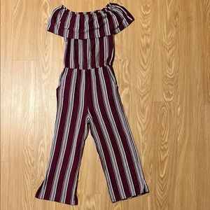 Eyeshadow Burgundy and White Striped Off-Shoulder Jumpsuit